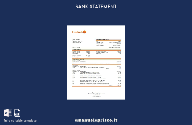modello Excel di estratto conto bancario svedese Swedbank in stile verificato